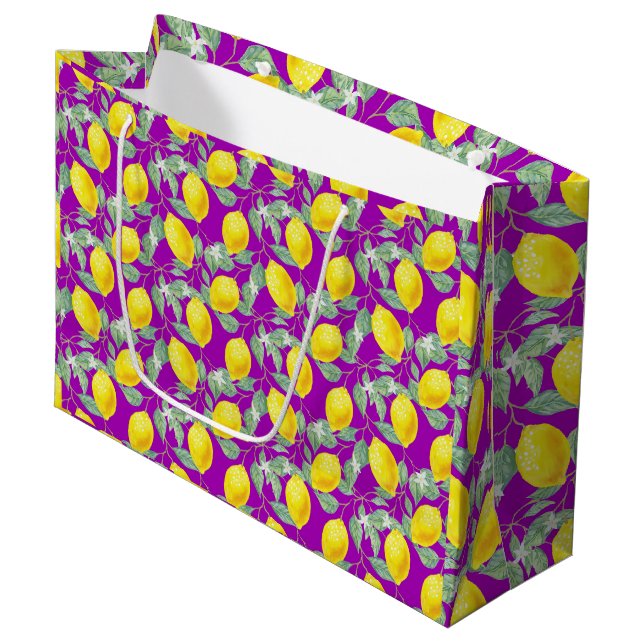 LEMON FRUITS IN PURPLE BACKGROUND LARGE GIFT BAG (Front Angled)