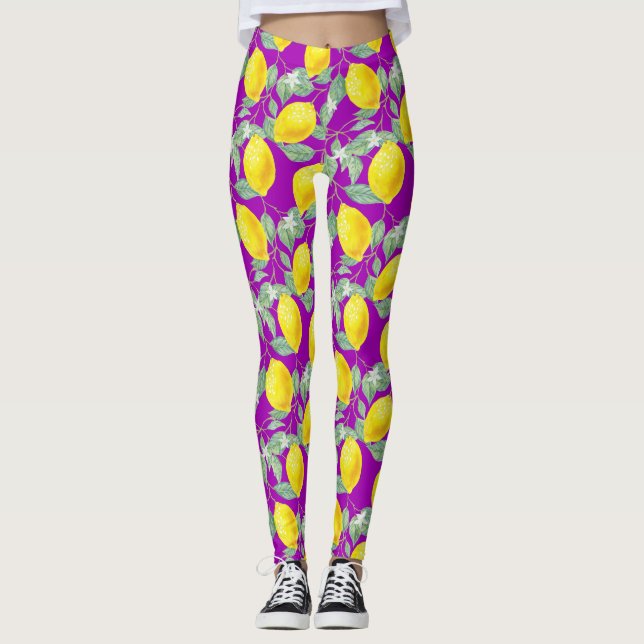 LEMON FRUITS IN PURPLE BACKGROUND LEGGINGS (Front)