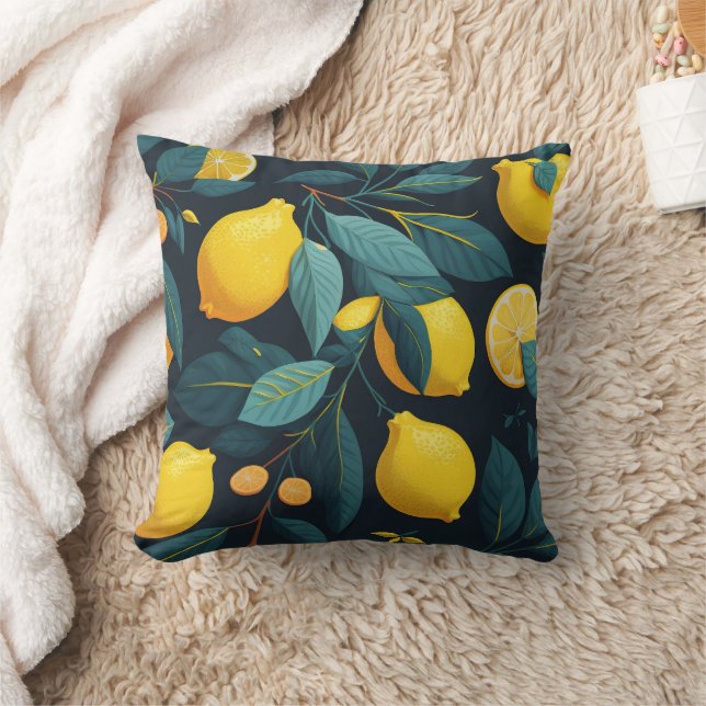 Lemon garden pattern. Yellow tropical citrus fruit Cushion (Blanket)