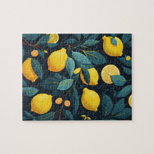 Lemon garden pattern. Yellow tropical citrus fruit Jigsaw Puzzle (Horizontal)
