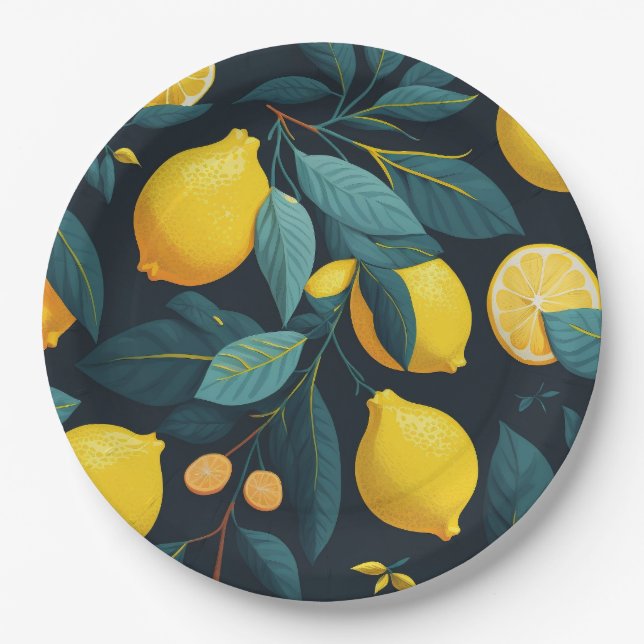 Lemon garden pattern. Yellow tropical citrus fruit Paper Plate (Front)