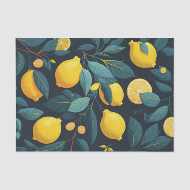 Lemon garden pattern. Yellow tropical citrus fruit Tissue Paper (Front)