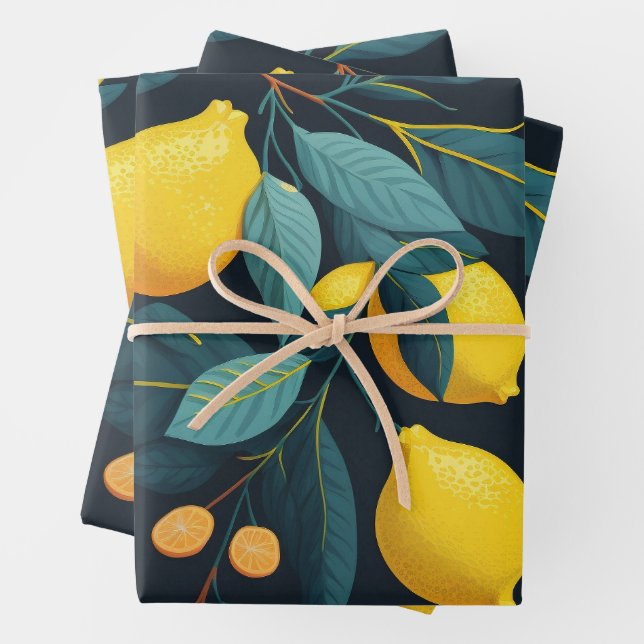 Lemon garden pattern. Yellow tropical citrus fruit Wrapping Paper Sheet (In situ)
