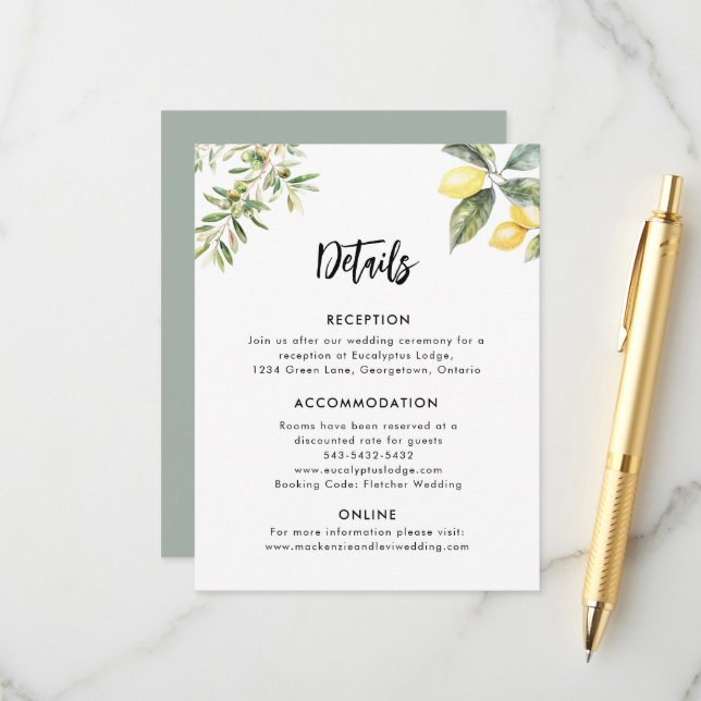 Lemon Garden Wedding Details Enclosure Card (Front/Back In Situ)