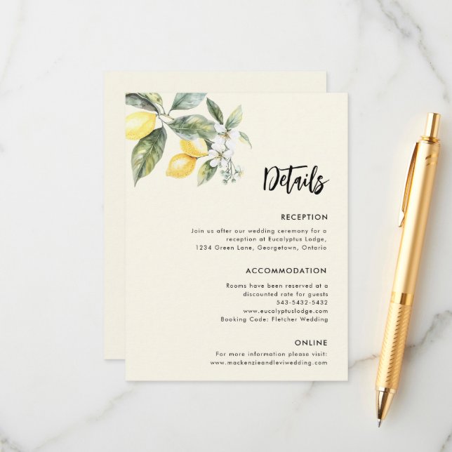 Lemon Garden Wedding Details Simple Enclosure Card (Front/Back In Situ)