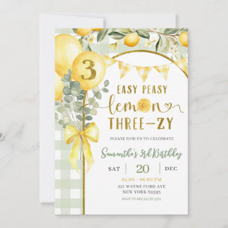 Lemon Gingham 3rd birthday invitation