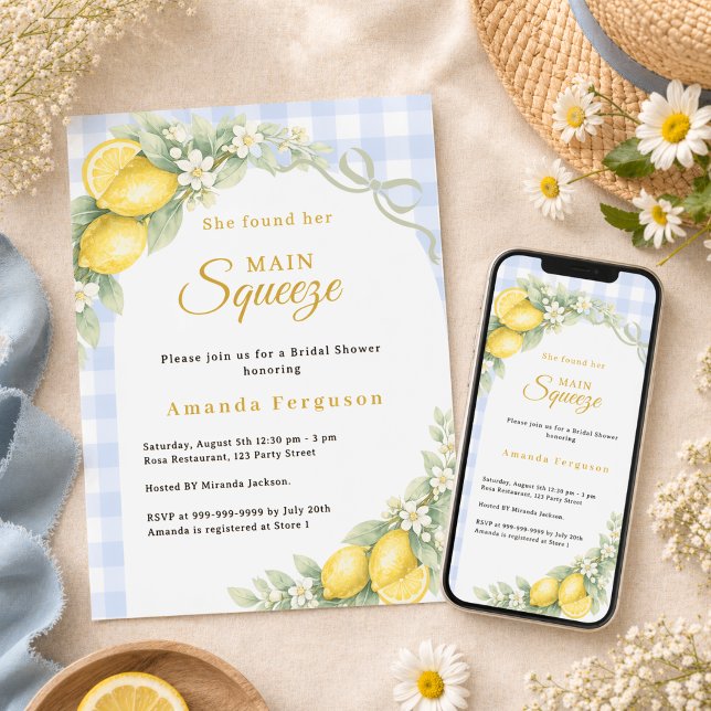 Lemon gingham blue main squeeze bow Bridal Shower Invitation (Creator Uploaded)