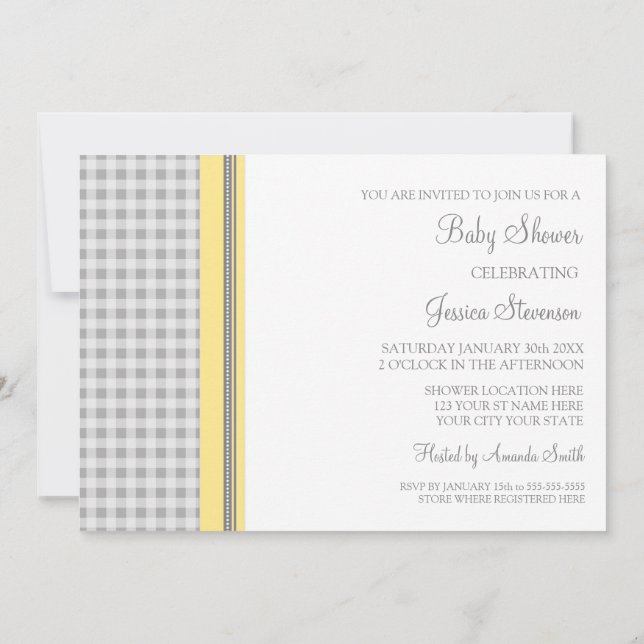 Lemon Gingham Custom Baby Shower Invitations (Back)