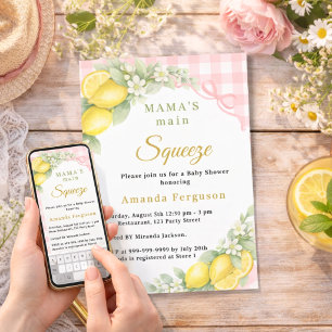 Lemon gingham squeeze pink bow girl Baby Shower Invitation