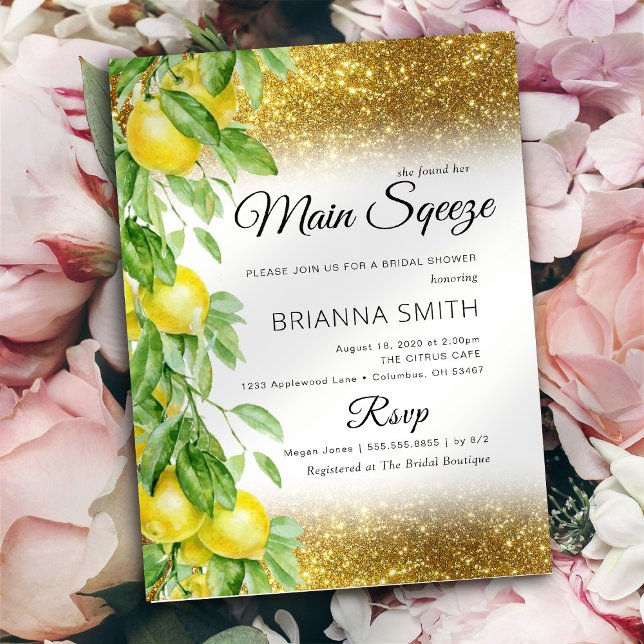 Lemon Gold Glitter Elegant Bridal Shower Invitation (Creator Uploaded)