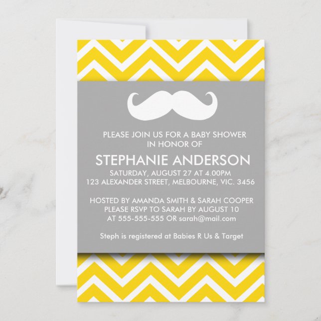 Lemon gold grey chevron moustache baby boy shower invitation (Front)