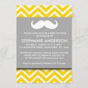 Lemon gold grey chevron moustache baby boy shower invitation