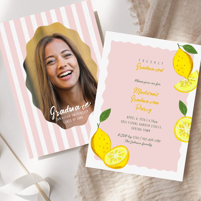 Lemon Graduation Party Pink Citrus Invitation (Lemon Graduation Party Pink Citrus Invitation)
