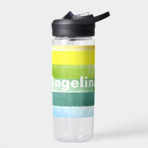 Lemon green blue stripes watercolor name school water bottle