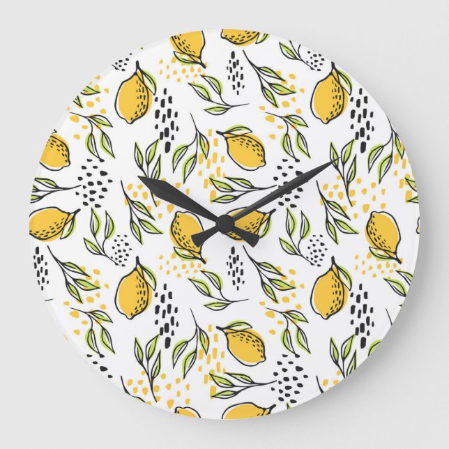 Lemon, green branches: abstract pattern. large clock (Front)
