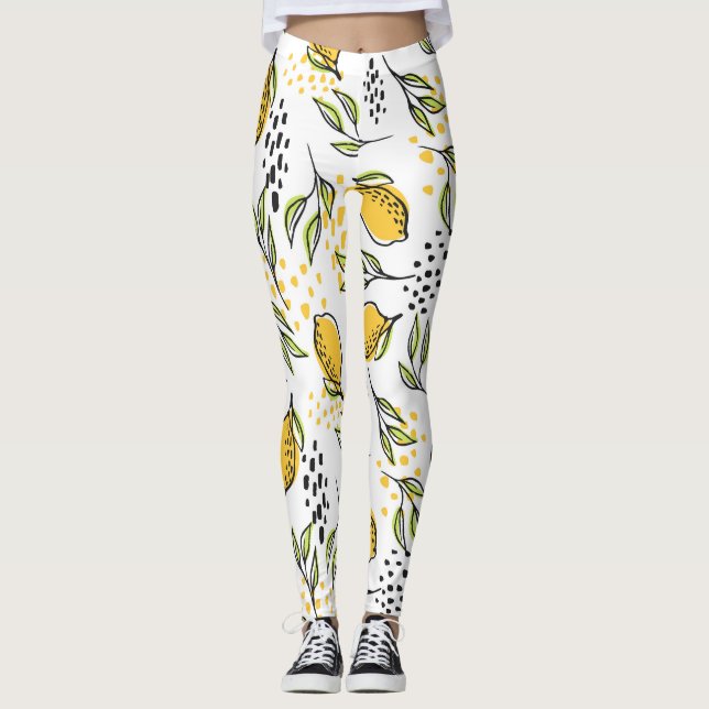 Lemon, green branches: abstract pattern. leggings (Front)