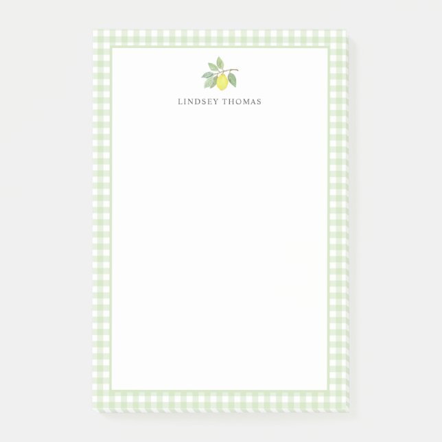 Lemon Green Gingham Border Personalised Post-it Notes (Front)