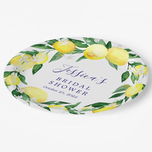 Lemon Greenery Blossom  Watercolor bridal Shower Paper Plate (Angled)