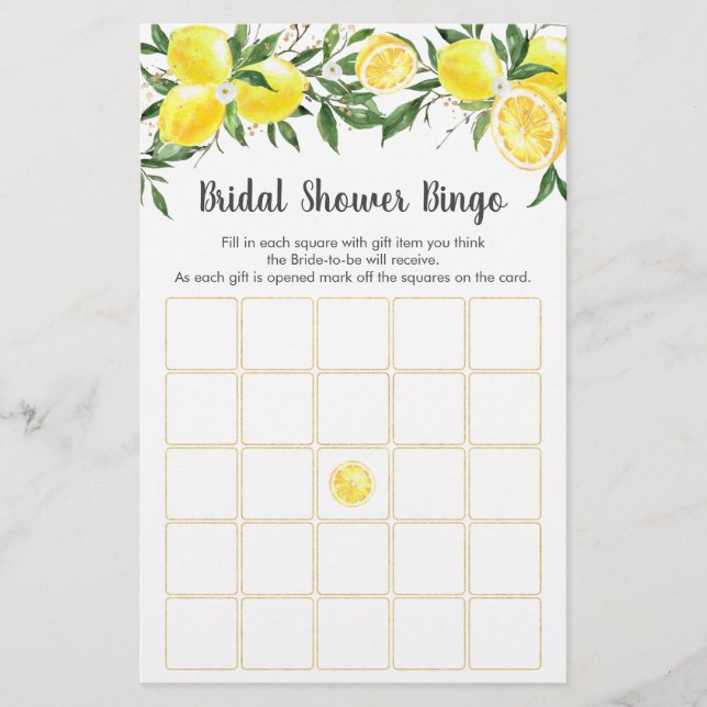 Lemon Greenery Gold Bridal Shower Bingo Game (Front)
