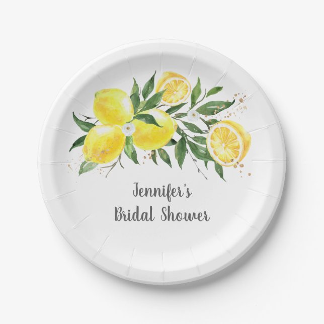Lemon Greenery Gold Bridal Shower Paper Plate (Front)