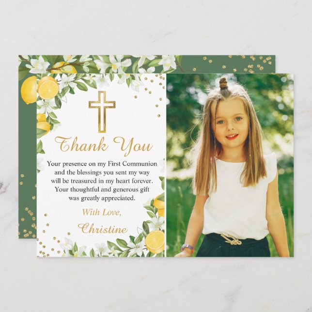Lemon Greenery Gold Cross First Communion Photo Thank You Card (Front/Back)