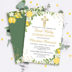 Lemon Greenery Gold Glitter First Holy Communion Invitation