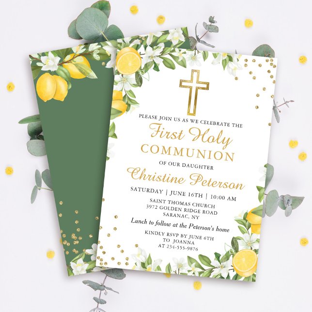 Lemon Greenery Gold Glitter First Holy Communion Invitation (Creator Uploaded)