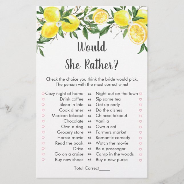 Lemon Greenery Gold Would She Rather Bridal Game (Front)