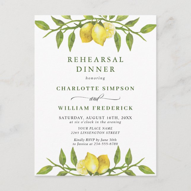 Lemon Greenery REHEARSAL DINNER Invitation Postcard (Front)