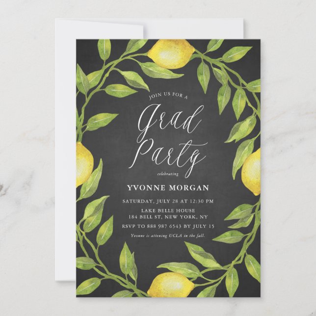 Lemon Greenery Wreath Rustic Chalkboard Graduation Invitation (Front)