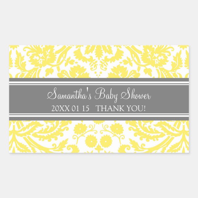Lemon Grey Damask Baby Shower Favour Stickers (Front)