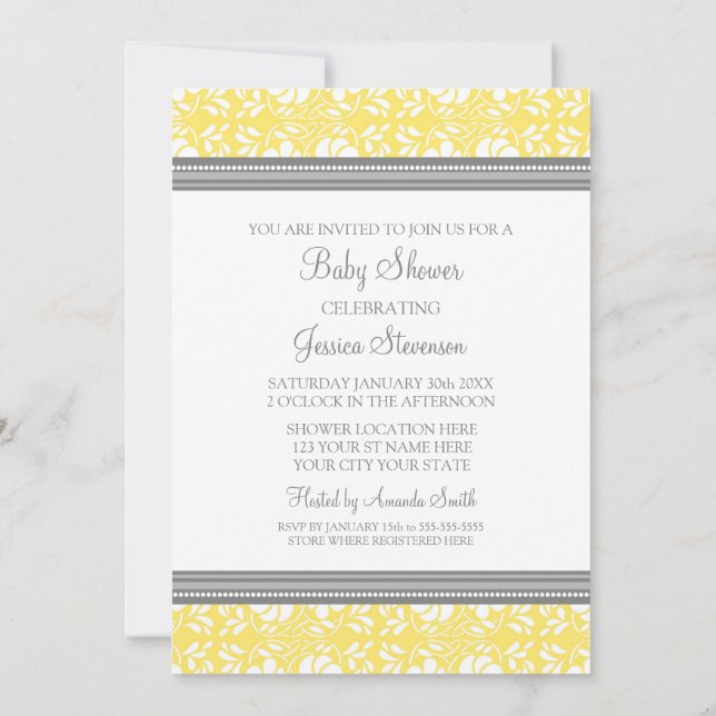 Lemon Grey Damask Custom Baby Shower Invitations (Back)