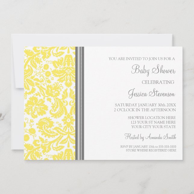 Lemon Grey Damask Custom Baby Shower Invitations (Back)