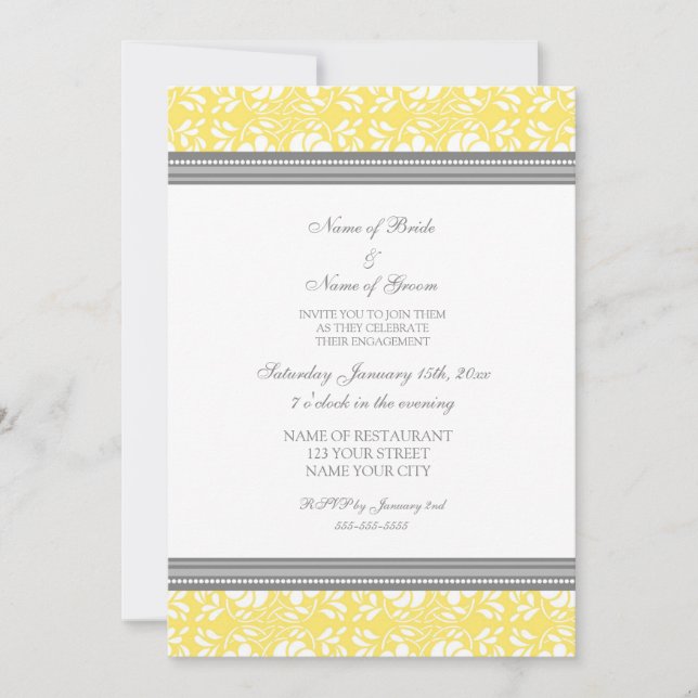 Lemon Grey Damask Engagement Party Invitations (Front)