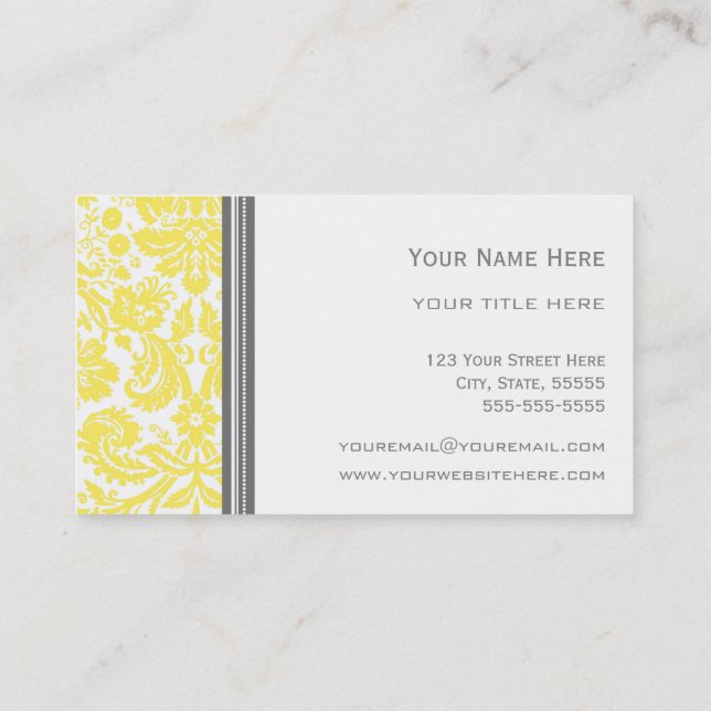 Lemon Grey Damask Floral Business Cards (Back)