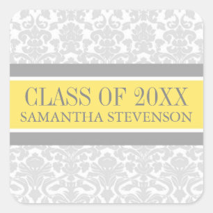 Lemon Grey Damask Graduation Custom Year Name Square Sticker