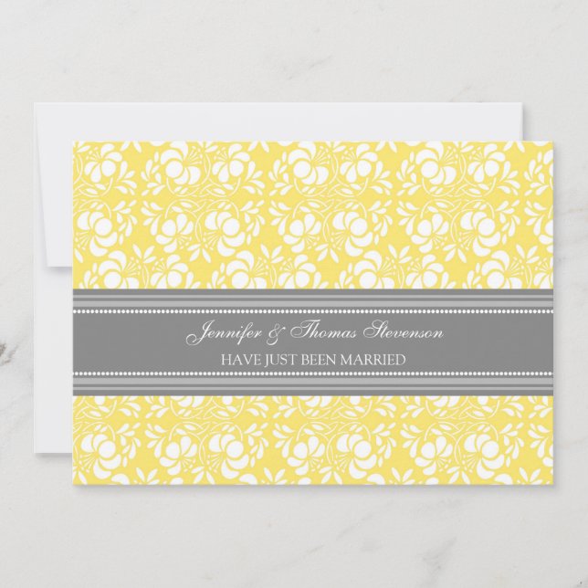 Lemon Grey Damask Just Married Announcement Cards (Front)