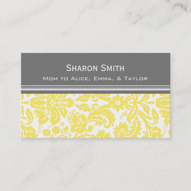 Lemon Grey Damask Mum Calling Cards (Front)