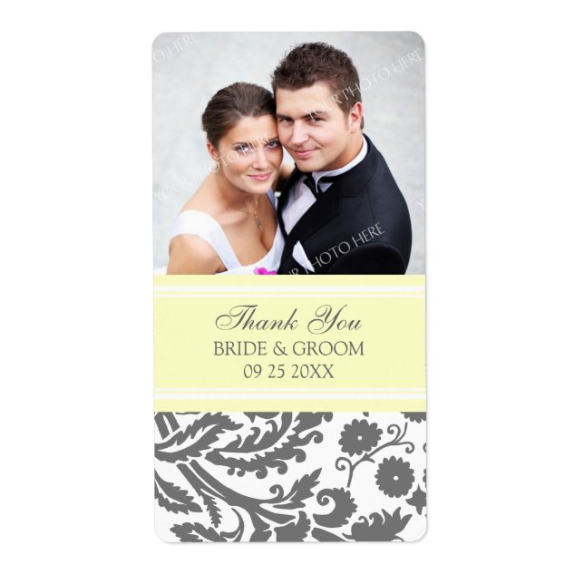 Lemon Grey Damask Photo Wedding Labels (Front)