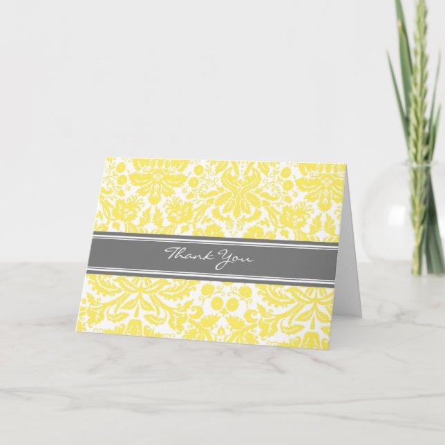 Lemon Grey Damask Wedding Thank You Card (Front)