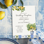 Lemon Grove Italian Inspired Wedding Reception Invitation<br><div class="desc">Lemon Grove wedding reception only invitation. Design features a lemon tree, blue and yellow Mediterranean tiles a branch of lemons and blossom flowers. Perfect for a lemmon wedding theme, Italian inspired wedding, rustic Mediterranean villa aesthetic, blue and yellow wedding colours or an outdoor wedding at any time of the year....</div>