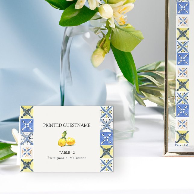 Lemon Grove Mediterranean Tile Wedding Escort Card (Escort Place Name Card from the Lemon Grove Wedding Collection by Darling & May)