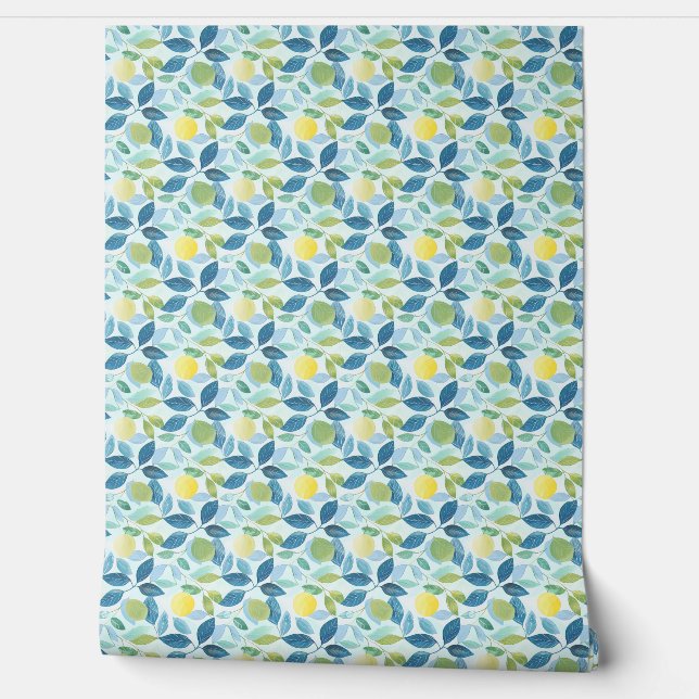 Lemon Grove Mini Blue, Green, Yellow Organic Mod Wallpaper (Unrolling)