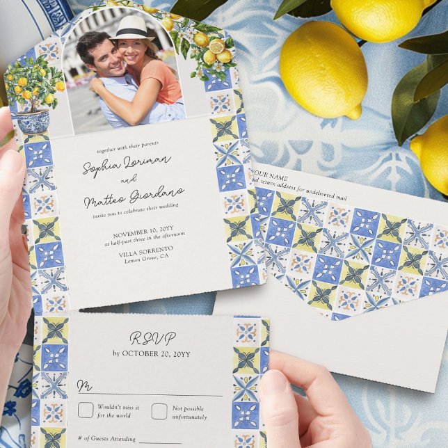 Lemon Grove Rustic Mediterranean Wedding and RSVP All In One Invitation (Trifold Wedding Invitation with Photo from the Lemon Grove Wedding Collection by Darling & May)