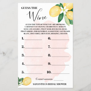 Lemon Guess the Wine Pink Bridal Shower Game Card