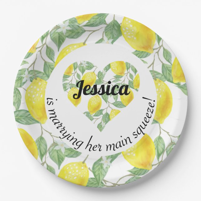 Lemon Heart Themed Main Squeeze Wedding Shower Paper Plate (Front)