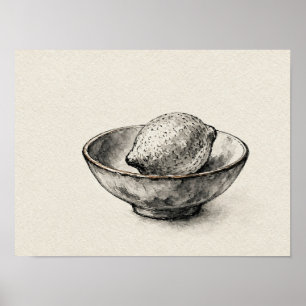 Lemon in a Bowl Ink Still Life Kitchen Art Print