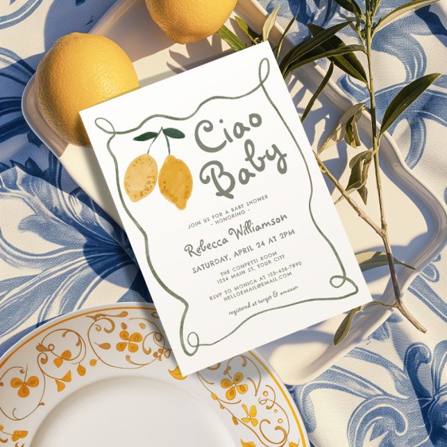 Lemon Italian Amalfi Gender Neutral Baby Shower Invitation (Ciao Baby Italian Amalfi Gender Neutral Baby Shower Invite)