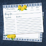 Lemon Italian Blue Tile Bridal Shower Recipe Card<br><div class="desc">A Pretty Italian blue tile and wedding recipe card. Fun for guests to fill out and bring a recipe to the bridal shower. Designed for you by Blackberry Boulevard.</div>