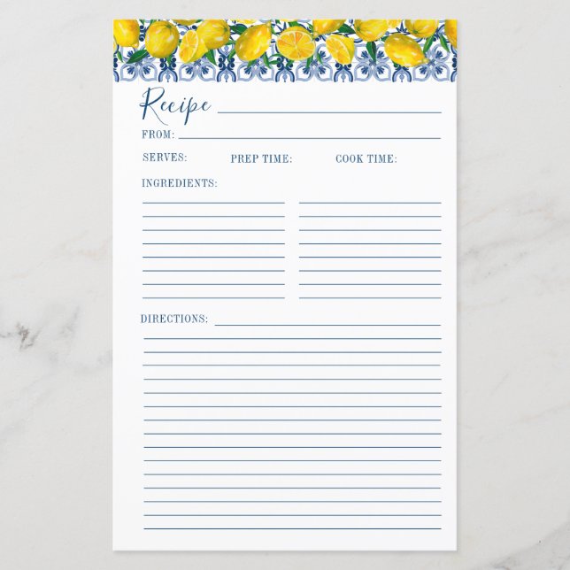 Lemon Italian Blue tile Bridal Shower Recipe Card (Front)